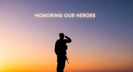 Soldier Silhouetted Against a Vibrant Sunset, Saluting and Honoring Our Heroes