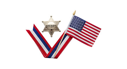 Sheriff Badge, American Flag, and Ribbon Representing Law Enforcement, Justice, and Patriotism