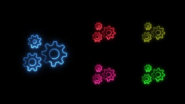 Collection of glowing neon gear wheel animations in various colors on a black background. Settings. Configuration. System. Technology. Engineering