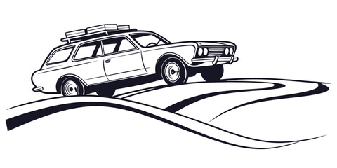 A vintage station wagon with a roof rack, driving on a winding road. © Mamun