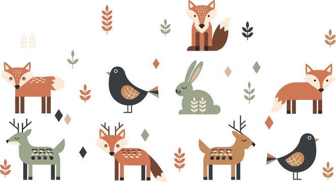 Scandinavian Woodland Animal Set Cute Fox Deer Rabbit Bird Characters in Nordic Flat Style Forest Vector Illustration Collection