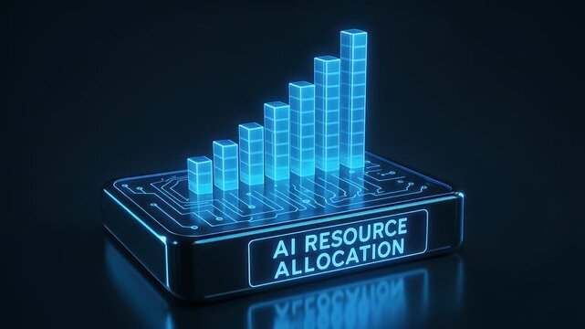 Artificial intelligence resource allocation hologram in neon blue bar chart dashboard on circuit board with data analytics