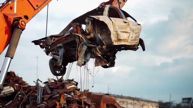 Scrap Metal Operation: An excavator lifts a mangled automobile within a scrap yard, portraying industry, demolition, and recycling.