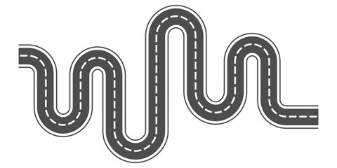 Flat vector illustration of a winding asphalt road with dashed lane markings, top view perspective. Isolated on white background. © Creativeniiw