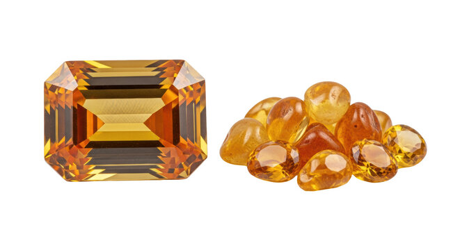 Large, perfectly cut emerald-cut gemstone displaying vibrant golden-orange citrine hues, juxtaposed against smaller raw amber pieces on a bright white reflective surface, elegant contrast display