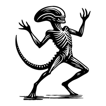 Stylized Black And White Illustration Of A Humanoid Alien Creature With Elongated Head And Ribcage