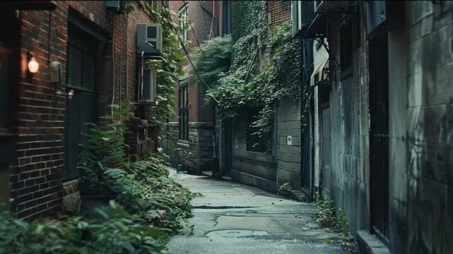  A secluded alleyway, with weathered brick and stone structures, is adorned with vibrant green foliage, creating a charming and evocative scene.
