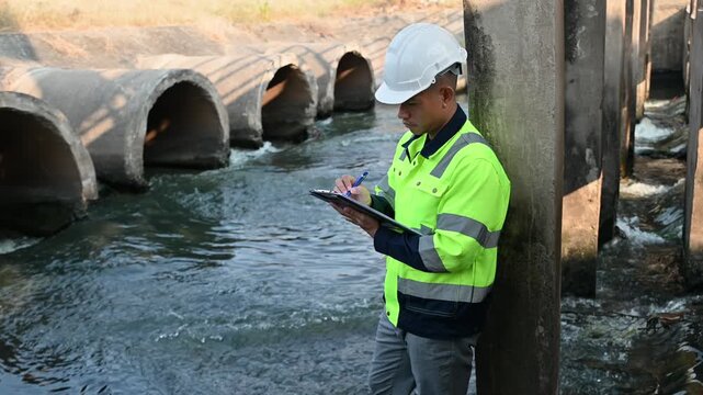 Engineer Inspecting Water Quality at Drainage Canal Infrastructure Site