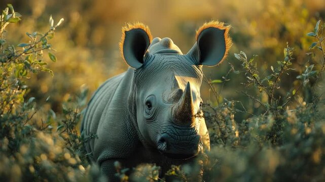  Captivating moment of a young rhinoceros calf cautiously observes its surroundings, bathed in the soft morning light. The rhino, a symbol of resilience.