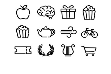 Minimalist black line icons set featuring brain gift popcorn teapot wind bicycle ticket laurel wreath harp and shopping cart