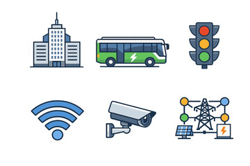 Sustainable urban technology icons with electric bus skyscraper traffic light wireless signal security camera and renewable energy grid © PAPA STOCK