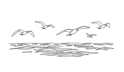 Line Art Seagulls Flying Over Sea Waves World Maritime Day Vector Illustration © Lipi