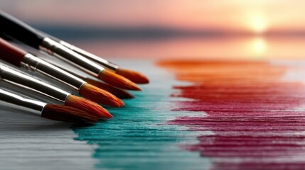 Fototapeta premium An array of paint brushes resting on a colorful gradient of paint strokes, symbolizing artistic expression and creativity in the vibrant world of art.