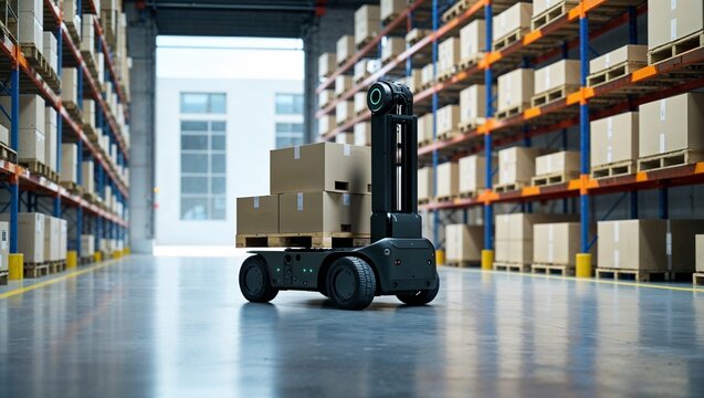 Autonomous warehouse transport robot carrying pallet boxes in distribution center aisle for logistics automation and inventory operations concept with copy space