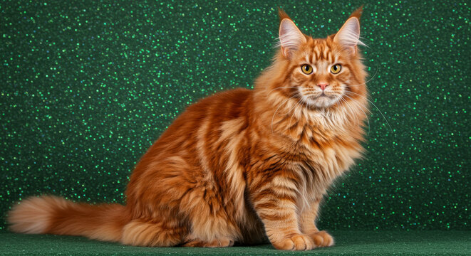 Red maine coon cat sitting on a glittery green background. Domestic animal portrait for pet care and breeding concept. Feline studio shot.