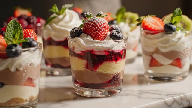 Assortment of layered berry trifles topped with whipped cream and fresh fruit