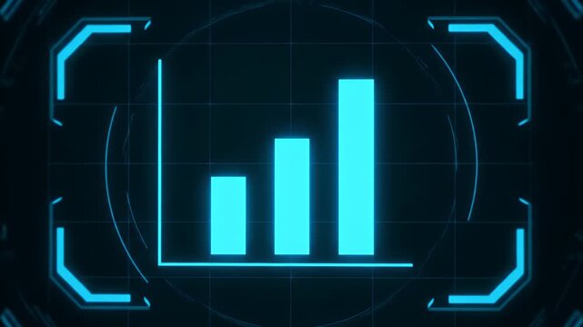 Digital graph with glowing blue bars on dark background displayed on a futuristic interface screen with neon lights