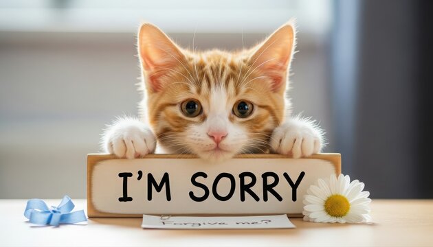 Cute orange kitten holding i'm sorry sign with white paws and face flowers and bow on table expressing regret