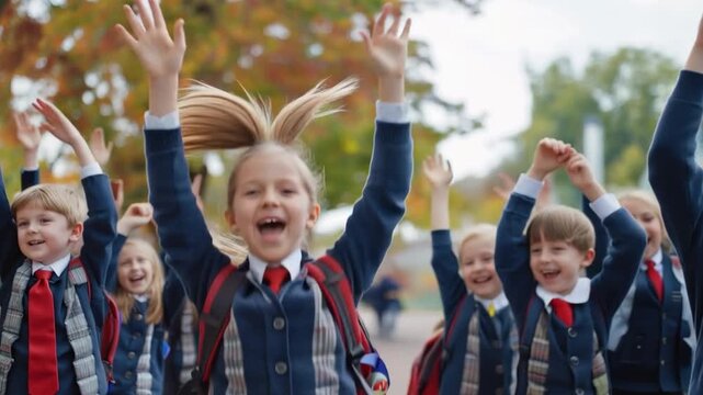 Joyful Sch A group of excited students wearing school uniforms. Raising arms in celebration. The scene conveys a sense of happiness and excitement. 