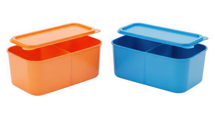 Two colorful plastic storage containers with lids placed side by side on a flat surface