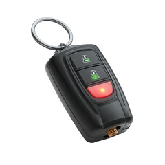 Modern car remote key fob with a metal key ring and glowing buttons for secure vehicle access.
