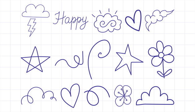 Blue ink doodle sketches of stars, hearts, and clouds on graph paper