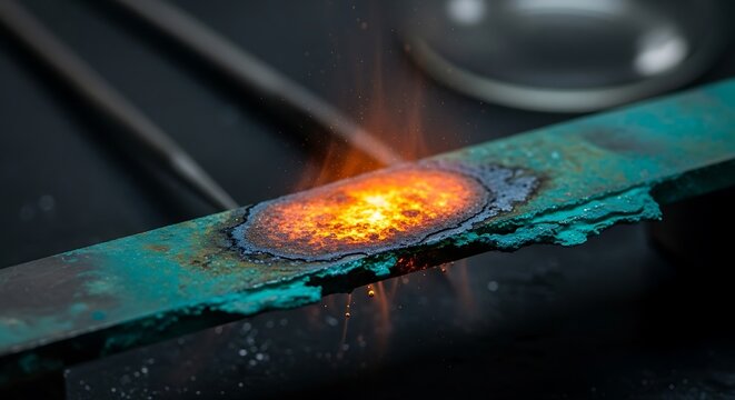 Metal heating process showing intense heat and oxidation with flame and tools