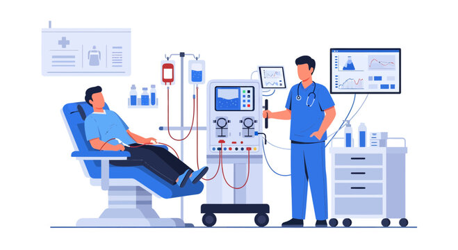 Hemodialysis treatment illustration with patient and medical staff.