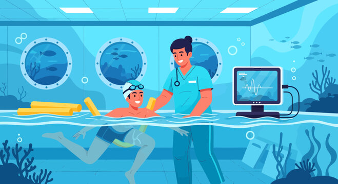 Hydrotherapy session with a therapist assisting a patient in a pool.