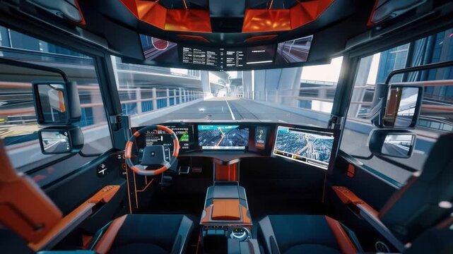 Futuristic Truck Cockpit A cutting-edge truck cabin showcasing advanced technology, with multiple screens and a modern design, reflecting the future of transportation and innovation.