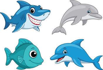 Obraz premium Vector set of friendly marine animals including shark, dolphins, and fish