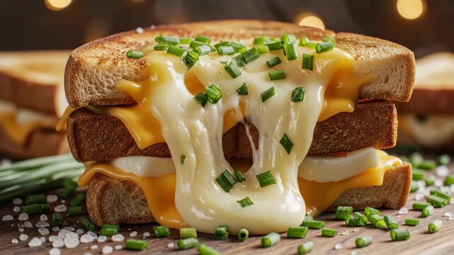 Delicious gooey grilled cheese sandwich stacked high with melted cheese and chives