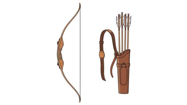 Traditional wooden recurve bow next to a leather quiver filled with feathered arrows for archery and hunting activities.