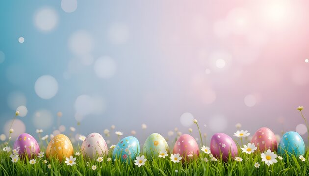 Easter background with colorful painted eggs on green grass among white daisies, with soft bokeh light