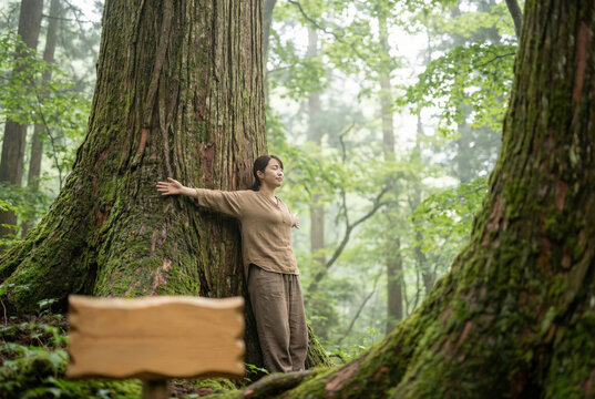 Mujer joven practicando "ba&ntilde;o de bosque" (Shinrin-yoku) abrazada a un &aacute;rbol gigante en un bosque brumoso.