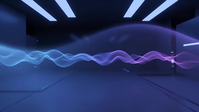 A futuristic digital wave flows through a dark, high-tech room with neon lights and sleek architecture from a low-angle viewpoint