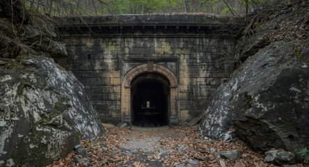 Worn entrance to historic mine with large copyspace section