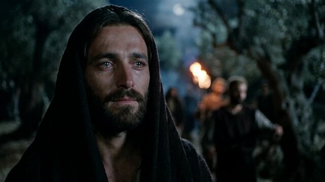 Jesus christ cries in the garden of Gethsemane during his betrayal by Judas Iscariot as temple guards approach with torches.