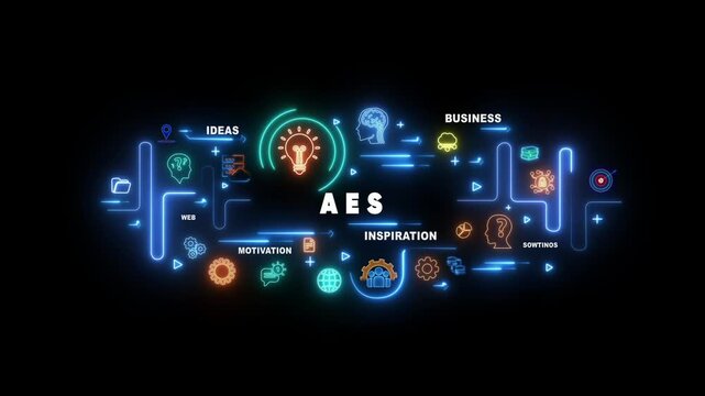 Neon light infographic with AES text and business concept icons on black background image photo