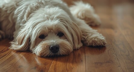 mellow white dog resting on a fine hardwood floor with natural shine