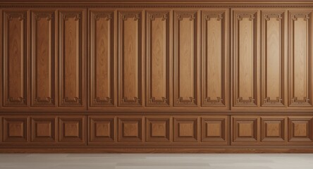 Classic wall design in interior background with 3D rendering of vintage brown beech wood panels and joinery