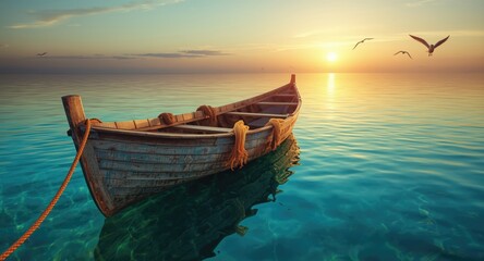 Tranquil scene of a rustic wooden boat tied with rope on calm water reflecting maritime lifestyle