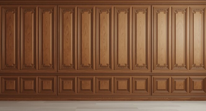 Classic wall design in interior background with 3D rendering of vintage brown beech wood panels and joinery