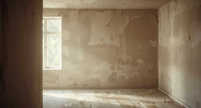 Freshly plastered interior walls and ceiling drying after seam application
