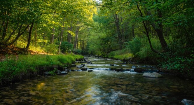 A peaceful stream winding through dense forest trees