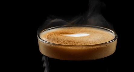 Close up of steaming hot espresso with creamy foam on black backdrop