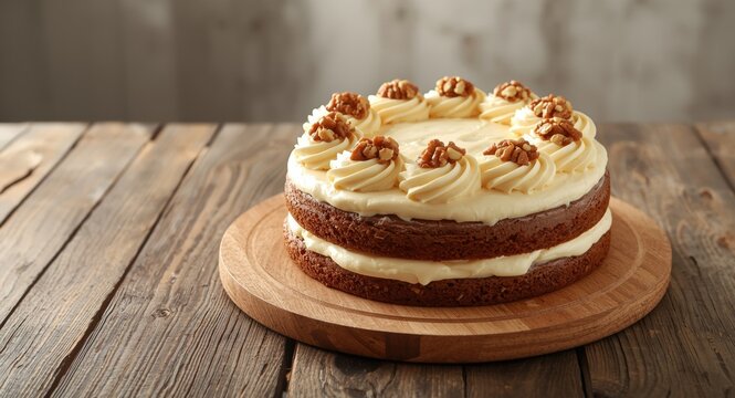 Tasty carrot cake with soft cream cheese icing and walnut toppings on quaint kitchen surface