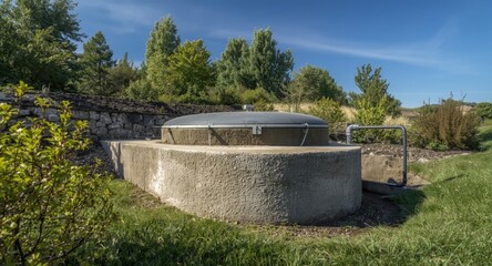 Outdoor landscaped display of primary sewage treatment using concrete septic tank