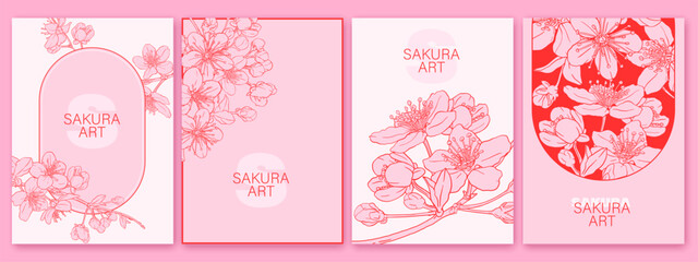 Set of spring backgrouds with sakura branch. Pink Cherry blossoms. Pink flowers. Design for card, wedding invitation, cover, packaging, cosmetics. © olechkaart