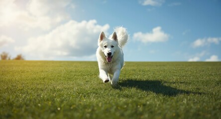 Happy White Swiss Shepherd dog running freely on green grass lawn with full length summer scene